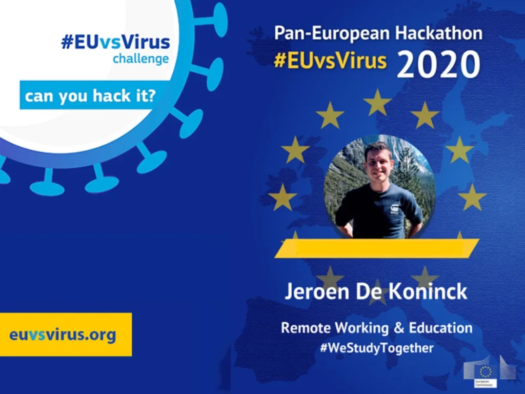 EUvsVirus 2020 Pan-European Hackathon graphic featuring Jeroen De Koninck for WeStudyTogether in Remote Working and Education